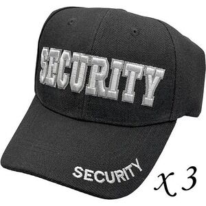3 Polyester Twill Black Adjustable "Security" Embroidered Baseball Cap Hats